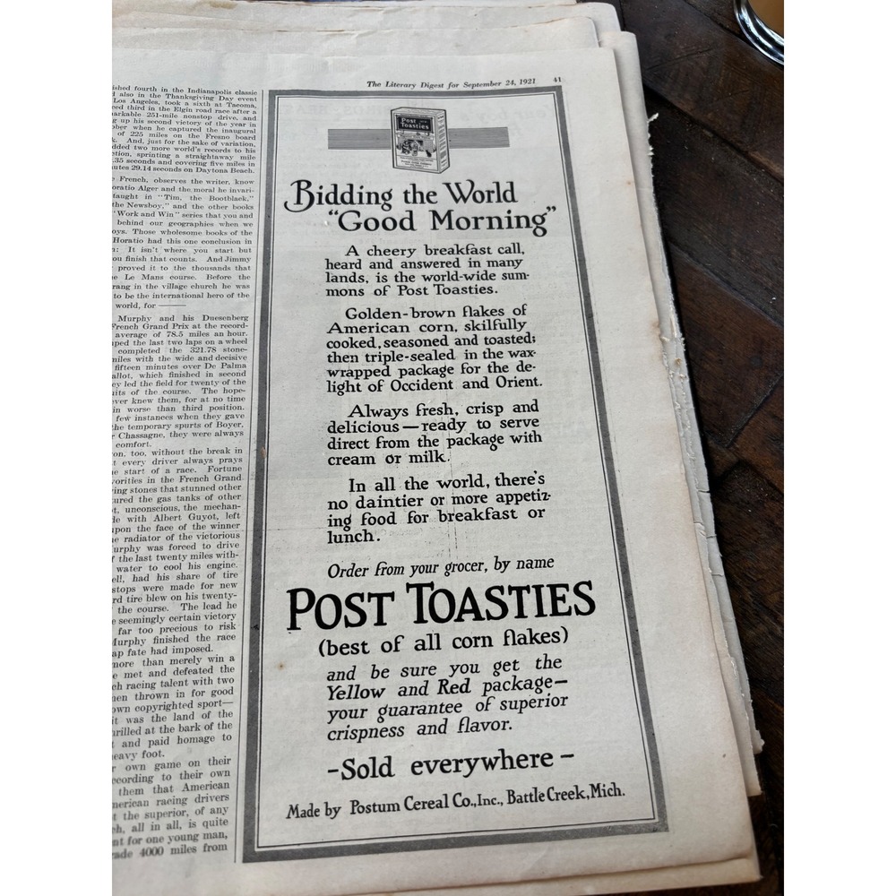 Vintage Post Toasties 1921 Magazine Print Ad American Boy Magazine Ephemera